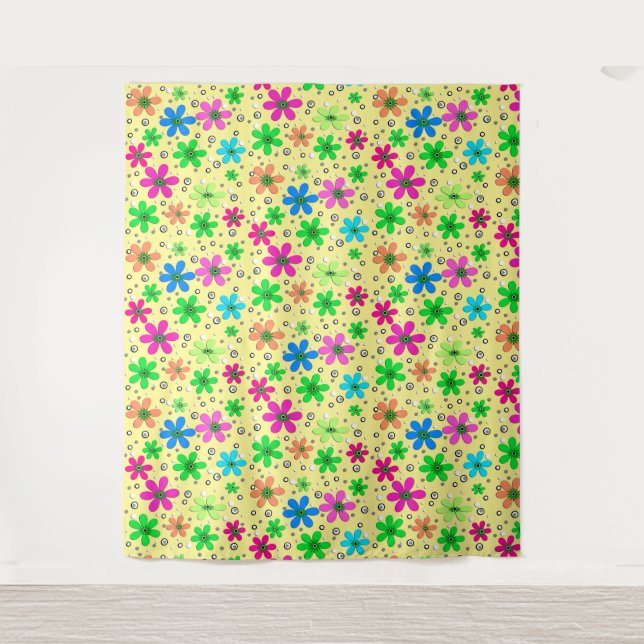Bright multi-coloured chamomile flowers on a yello tapestry (Front)