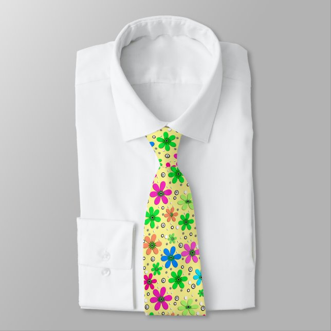 Bright multi-coloured chamomile flowers on a yello tie (Tied)