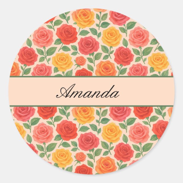 Bright Multicolor Rose Name Pattern Classic Round Sticker (Front)