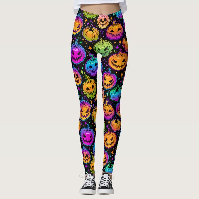 Bright, Multicolored Halloween Pumpkin Pattern  Le Leggings (Front)