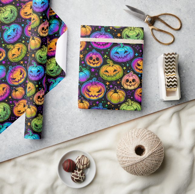 Bright, Multicolored Halloween Pumpkin Pattern Wrapping Paper (Crafts)