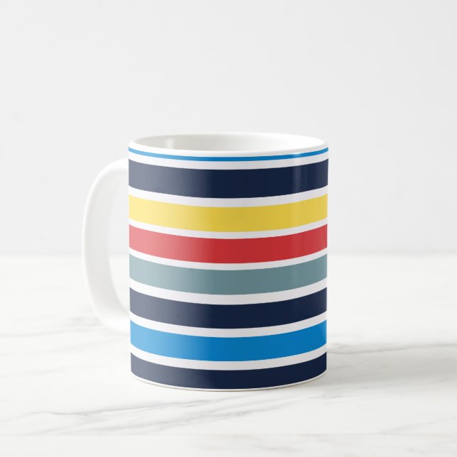 Bright multicolored horizontal stripes.  coffee mug (Front Left)