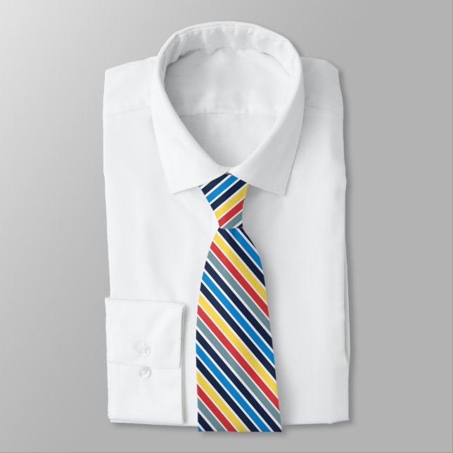 Bright multicolored horizontal stripes.  neck tie (Tied)