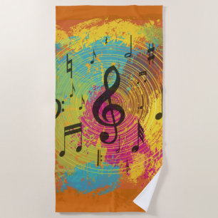 Bright Music Notes on Explosion of Colour Beach Towel