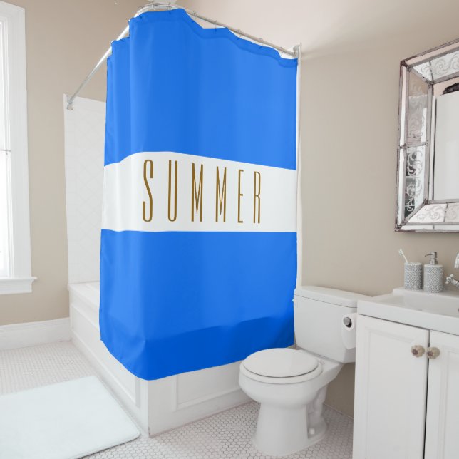 Bright Nautical Blue White Stripes SUMMER Text  Shower Curtain (In Situ)