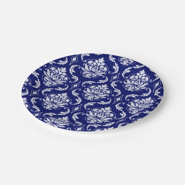 Bright Navy Blue Damask Pattern Paper Plate (Angled)
