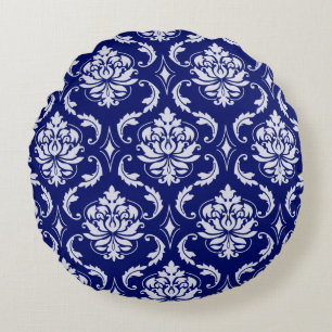 Bright Navy Blue Damask Pattern Round Cushion