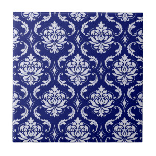 Bright Navy Blue Damask Pattern Tile