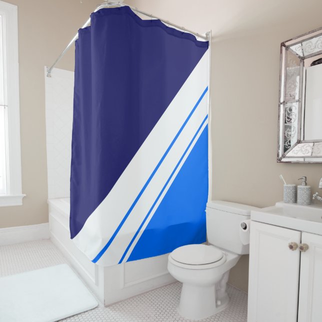 Bright Navy Blue Diagonal Panels White Stripes Shower Curtain (In Situ)