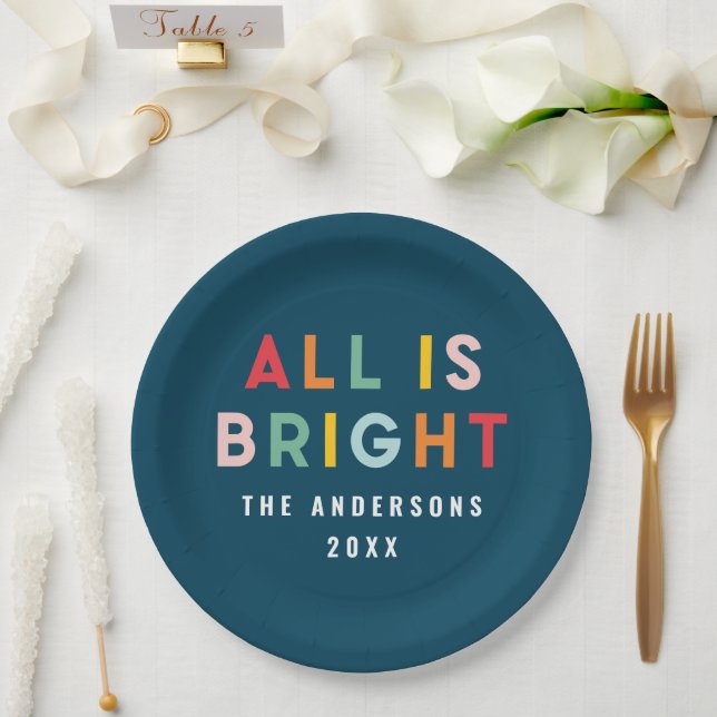 Bright navy blue modern Christmas family decor Paper Plate (Wedding)