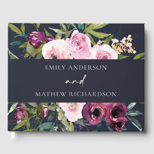 BRIGHT NAVY BLUSH BURGUNDY FLORAL BUNCH WEDDING GUEST BOOK