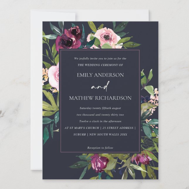BRIGHT NAVY BLUSH BURGUNDY FLORAL BUNCH WEDDING INVITATION (Front)