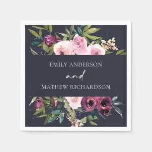 BRIGHT NAVY BLUSH BURGUNDY FLORAL BUNCH WEDDING NAPKIN