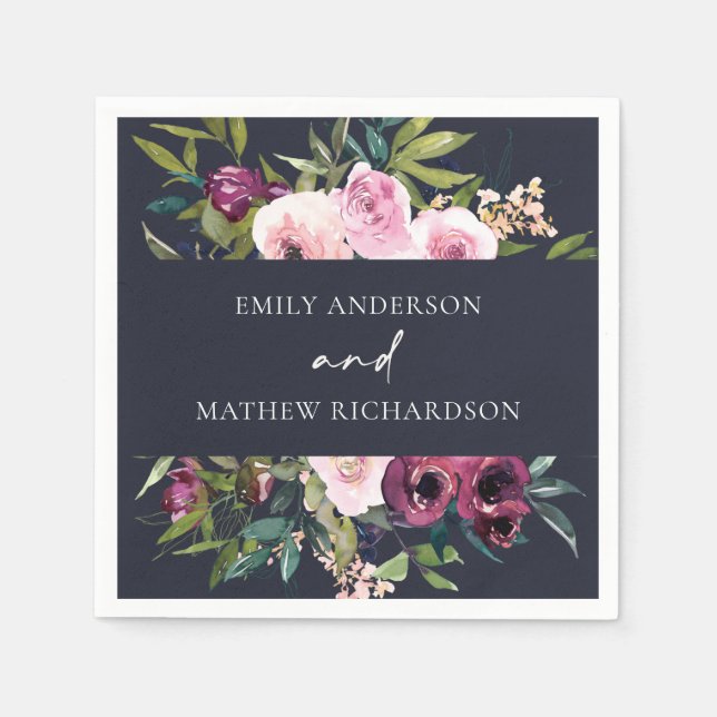 BRIGHT NAVY BLUSH BURGUNDY FLORAL BUNCH WEDDING NAPKIN (Front)