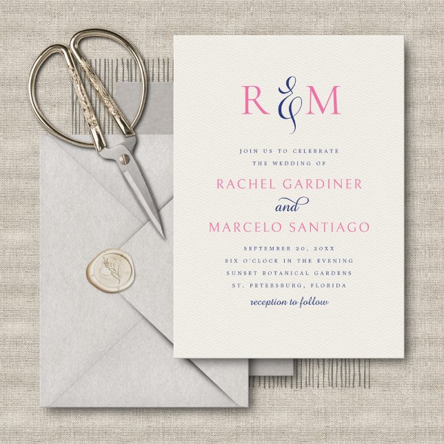 Bright Navy Pink Simple Monogram Wedding Invitation (Creator Uploaded)