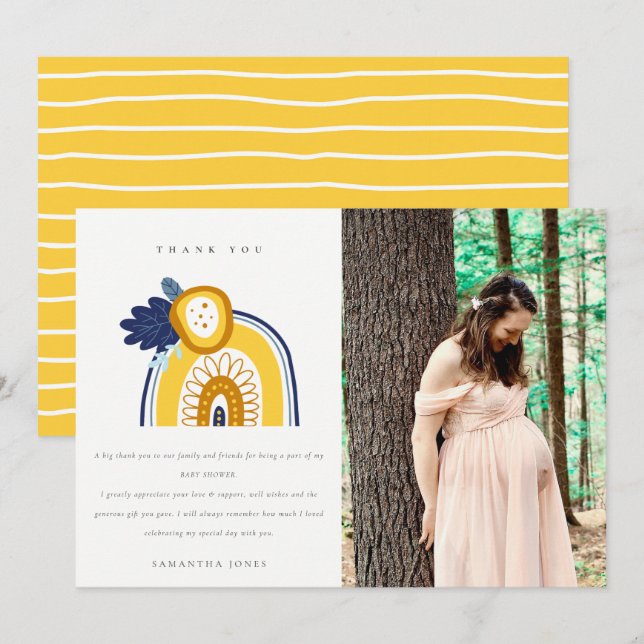 Bright Navy Yellow Flora Rainbow Photo Baby Shower Thank You Card (Front/Back)