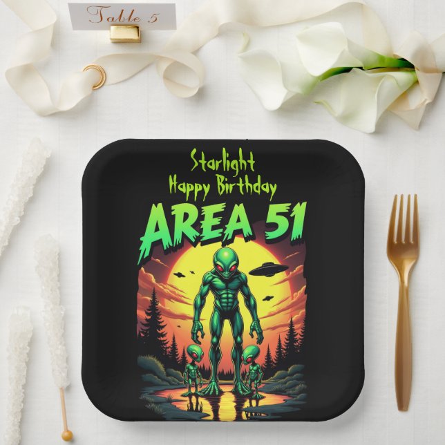 Bright Neon Aliens Watch Area 51 Paper Plate (Wedding)