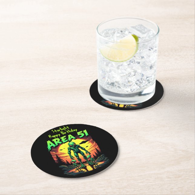 Bright Neon Aliens Watch Area 51 Round Paper Coaster (Insitu)