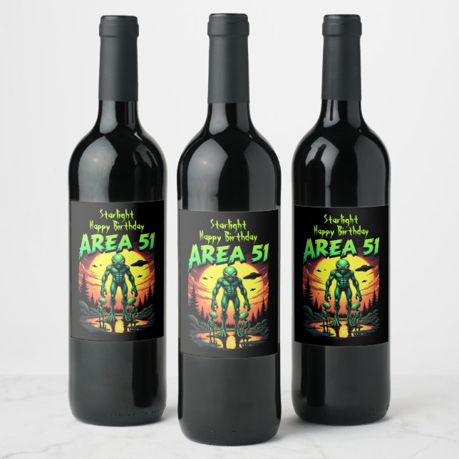 Bright Neon Aliens Watch Area 51 Wine Label (Bottles)