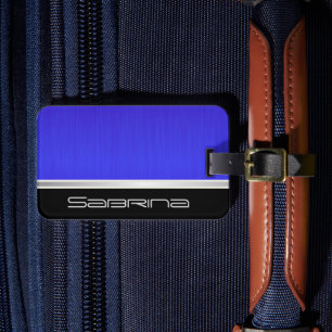 Bright Neon Blue Brush Steel and Silver Print Luggage Tag