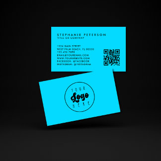 Bright Neon Blue Custom Company Logo QR Code Business Card