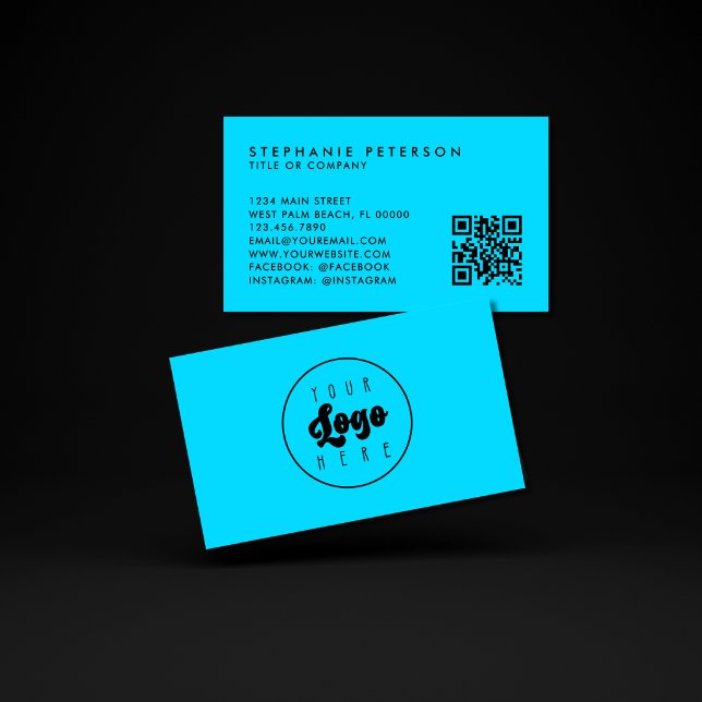 Bright Neon Blue Custom Company Logo QR Code Business Card (Creator Uploaded)