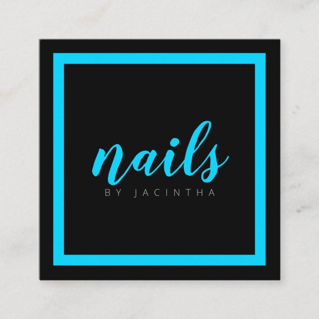 Bright Neon Blue Modern Nail Technician Salon Square Business Card (Front)