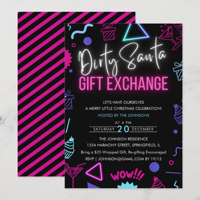 Bright Neon Dirty Santa Gift Exchange Party Invitation (Front/Back)