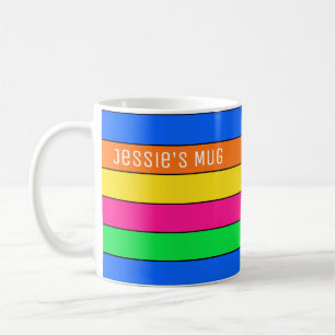 BRIGHT NEON FLUORESCENT COLOR STRIPED LINES TEXT COFFEE MUG