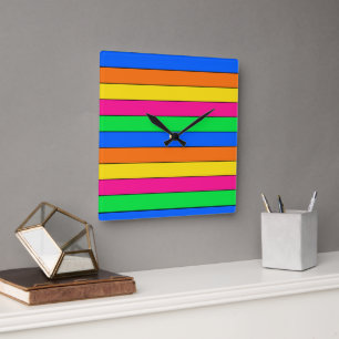 BRIGHT NEON FLUORO COLORS PINK YELLOW ORANGE LINES SQUARE WALL CLOCK