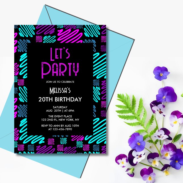 Bright Neon Geometric Pattern Black 20th Birthday Invitation (Creator Uploaded)