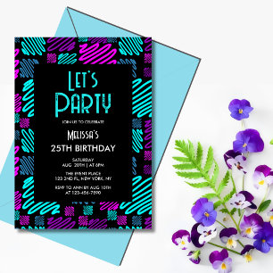 Bright Neon Geometric Pattern Black 25th Birthday Invitation