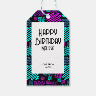 Bright Neon Geometric Pattern Black Birthday Gift Tags