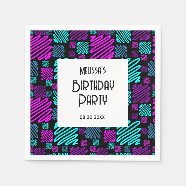 Bright Neon Geometric Pattern Black Birthday Napkin (Front)