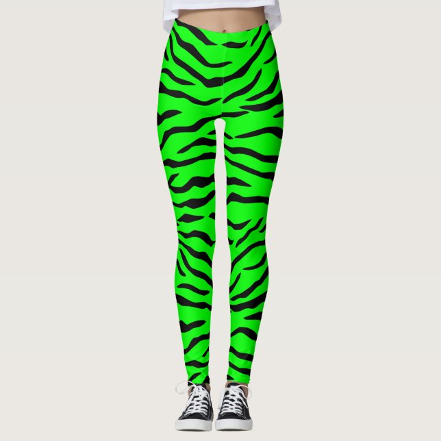 Bright Neon Green and Black Tiger Stripes Leggings (Front)