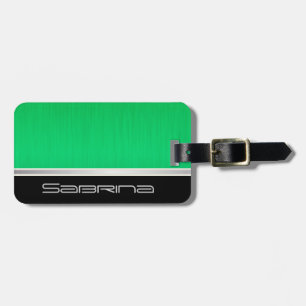 Bright Neon Green Brush Steel and Silver Print Luggage Tag