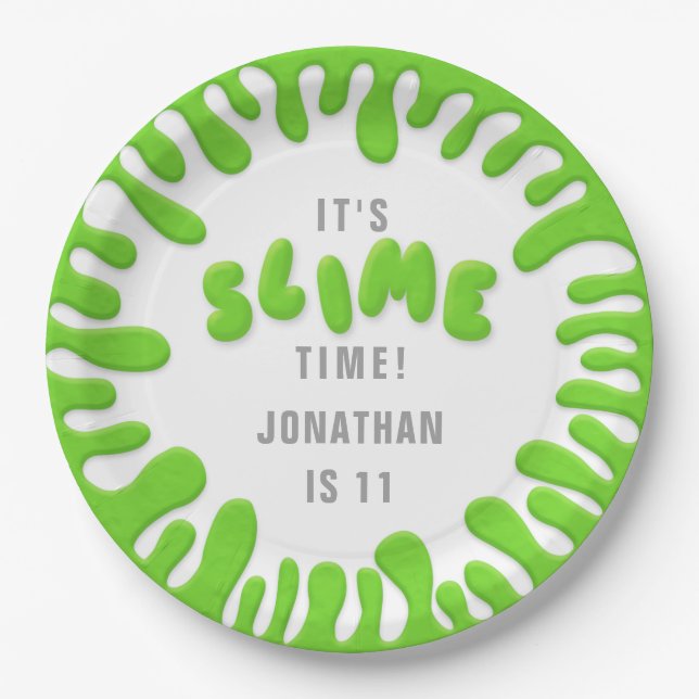 Bright neon green slime party paper plate (Front)