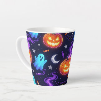 Bright Neon Halloween Ghost & Jack O Lantern Latte Mug
