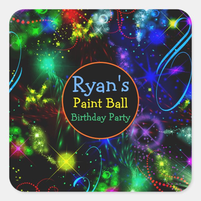 Bright Neon Lights, Stars Paint Splatter Square Sticker (Front)