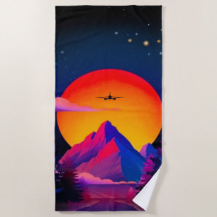 Bright Neon Mountains Sunrise Aeroplane Beach Towel