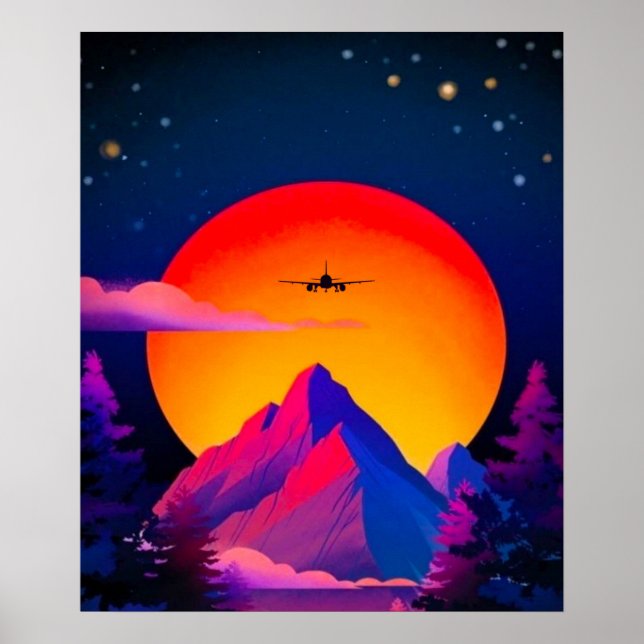 Bright Neon Mountains Sunrise Aeroplane Poster (Front)