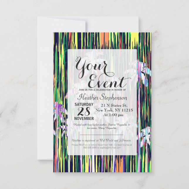 Bright Neon Multi-Coloured Palm Trees and Stripes Invitation (Front)