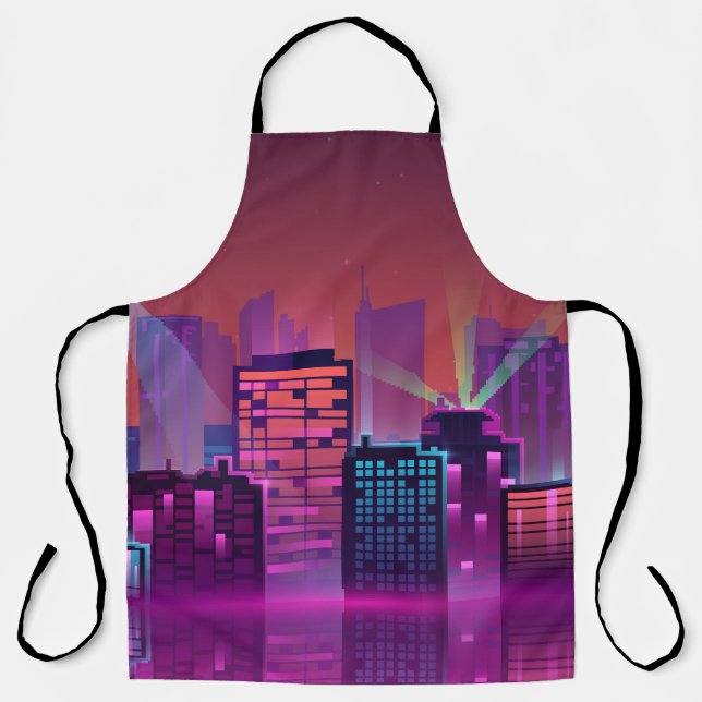 Bright neon night cityscape, vintage. apron (Front)