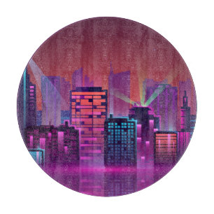 Bright neon night cityscape, vintage. cutting board