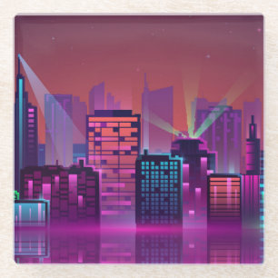 Bright neon night cityscape, vintage. glass coaster