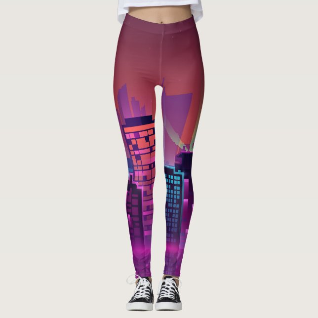Bright neon night cityscape, vintage. leggings (Front)