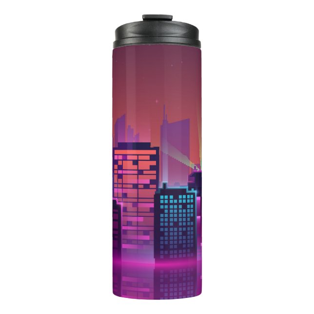 Bright neon night cityscape, vintage. thermal tumbler (Front)