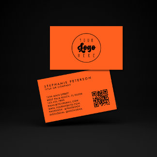 Bright Neon Orange Custom Company Logo QR Code Business Card