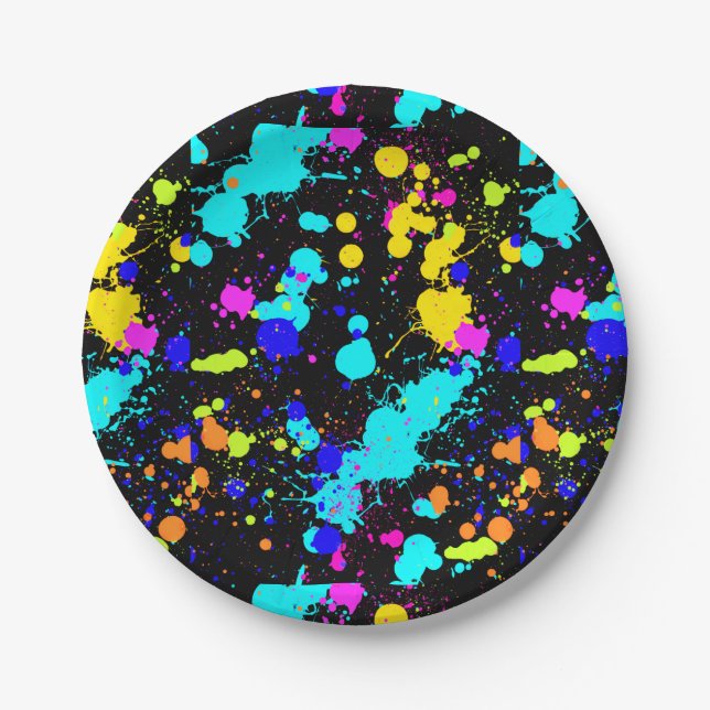 Bright Neon, Paint Splatter, Party Paper Plate (Front)