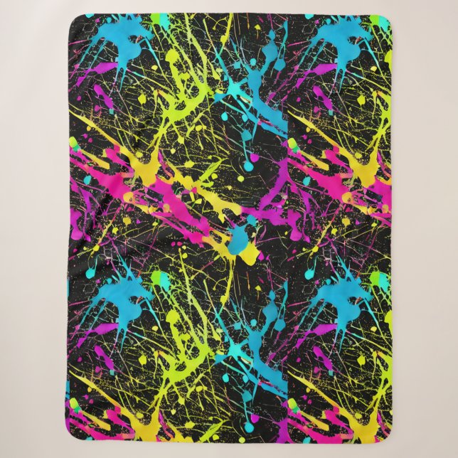 Bright Neon Paint Splatter Sherpa Blanket (Front)